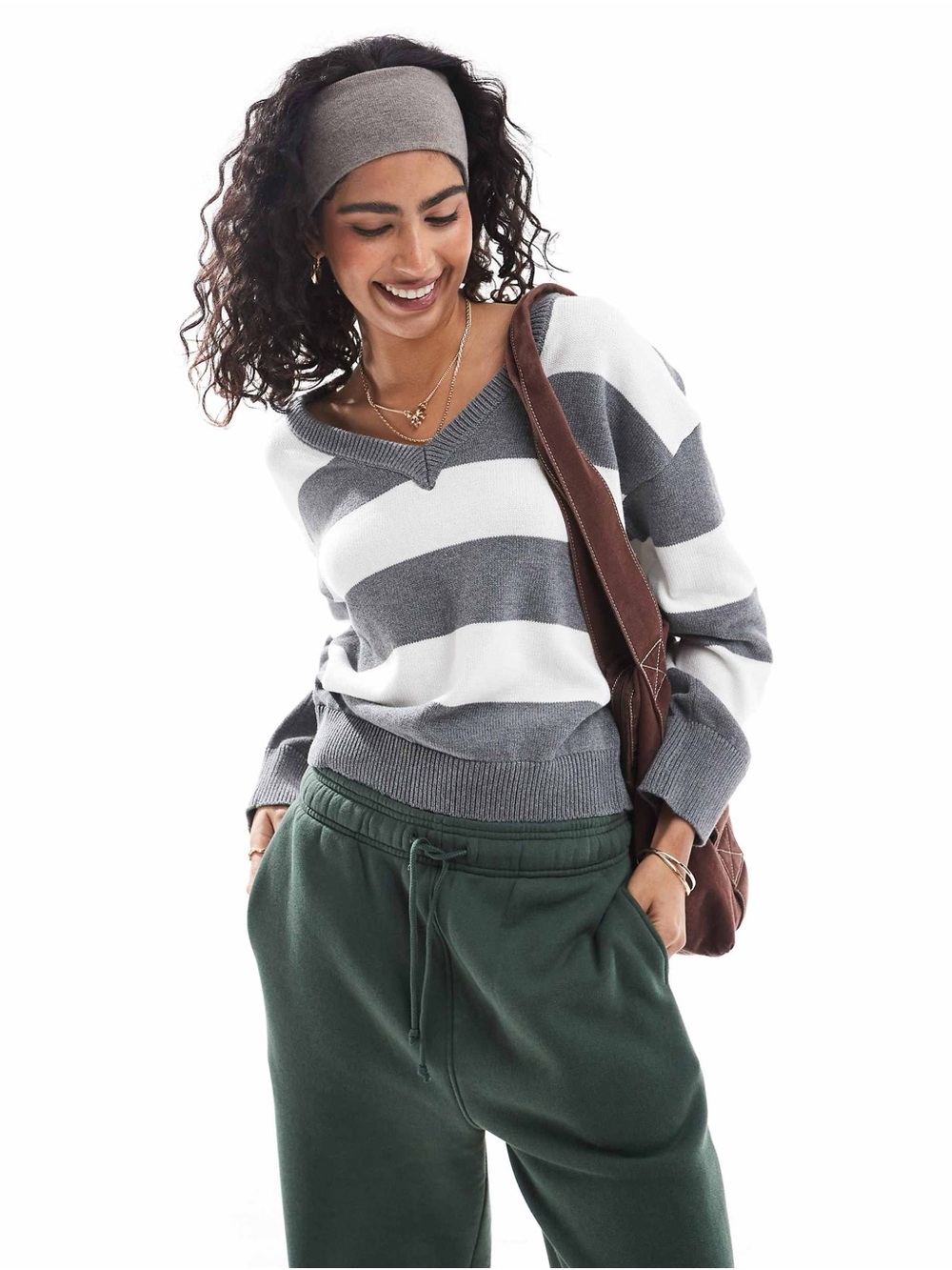 Cotton On Gray White Rugby Stripe V Neck Sweater Preppy Collegiate Cotton - S